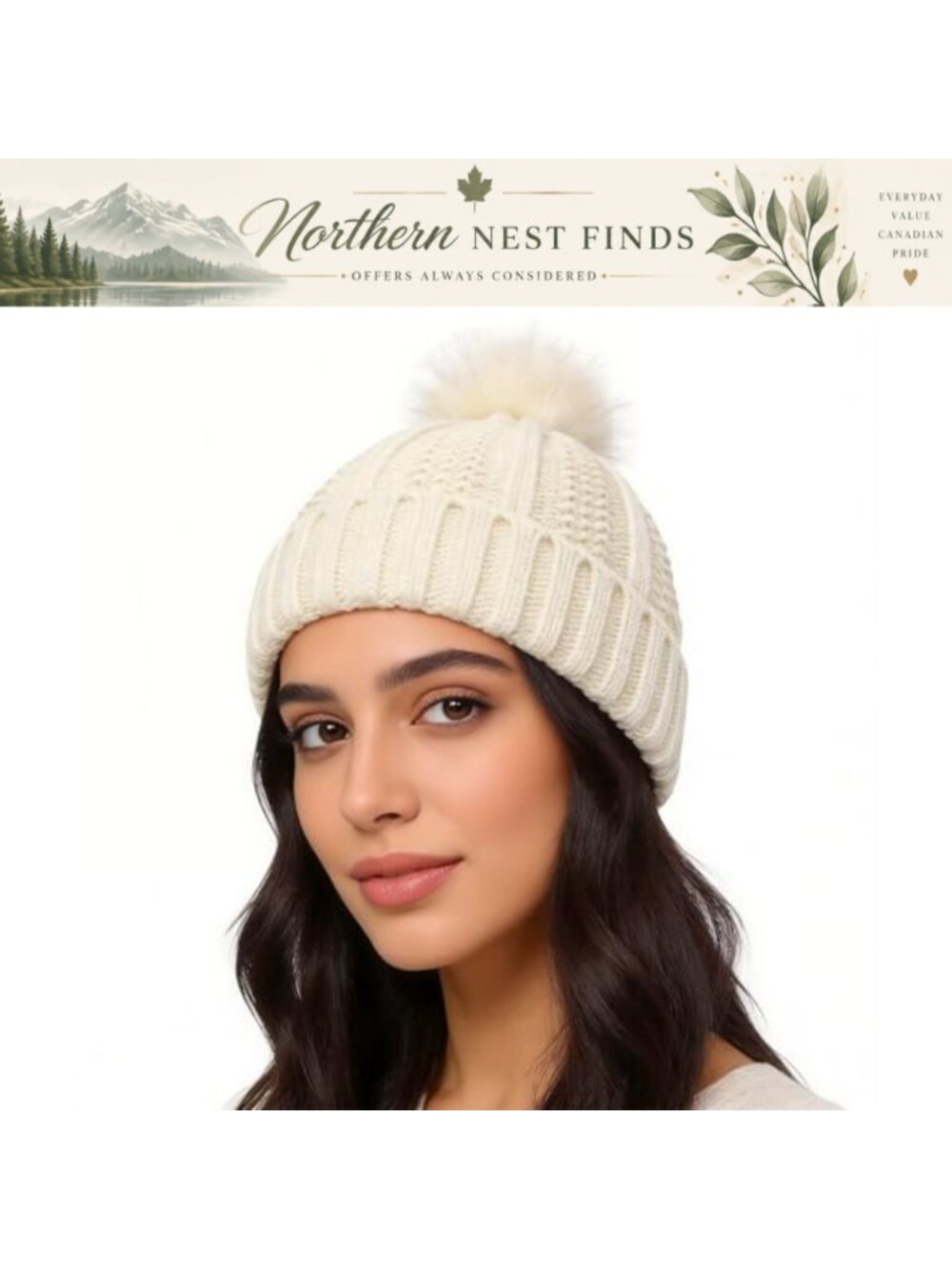 Womens Slouchy Knit Beanie with Silk Lining Faux Fur Pompom Ear Flaps